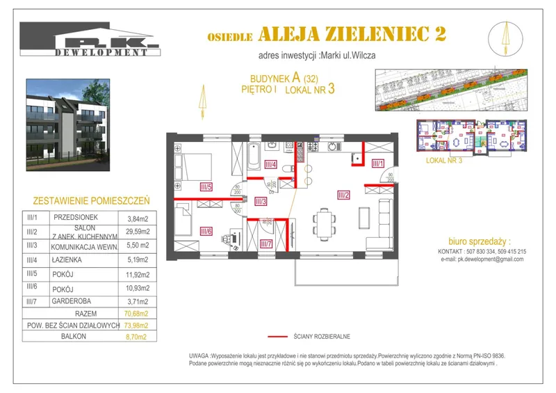 Lokal A3 — I piętro, 3 pokoje, balkon 8,70 m²
