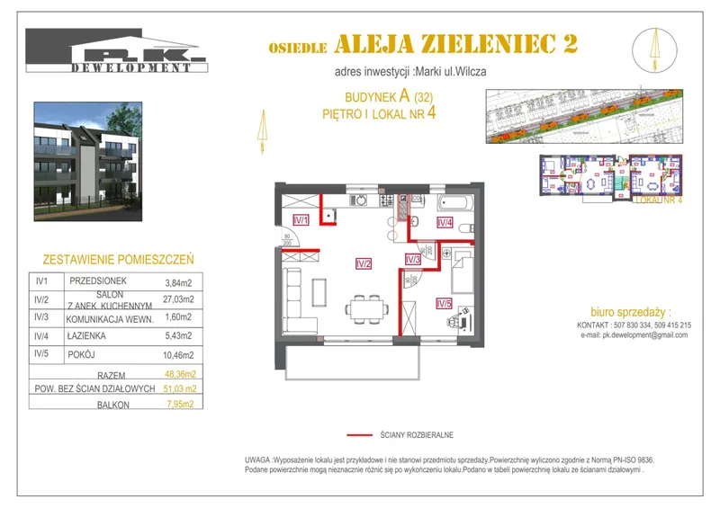 Lokal A4 — I piętro, 2 pokoje, balkon 7,95 m²