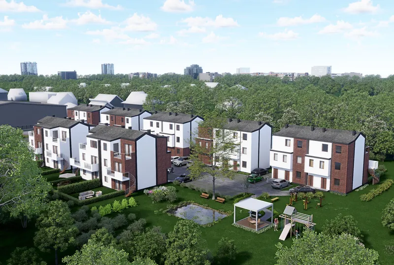 Wizualizacja osiedla Braci Briggsów z lotu ptaka: zespół dwulokalowych budynków, zieleń i plac zabaw