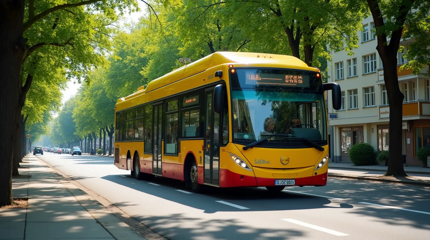 Ilustracja: żółto-czerwony autobus miejski na ulicy obsadzonej drzewami