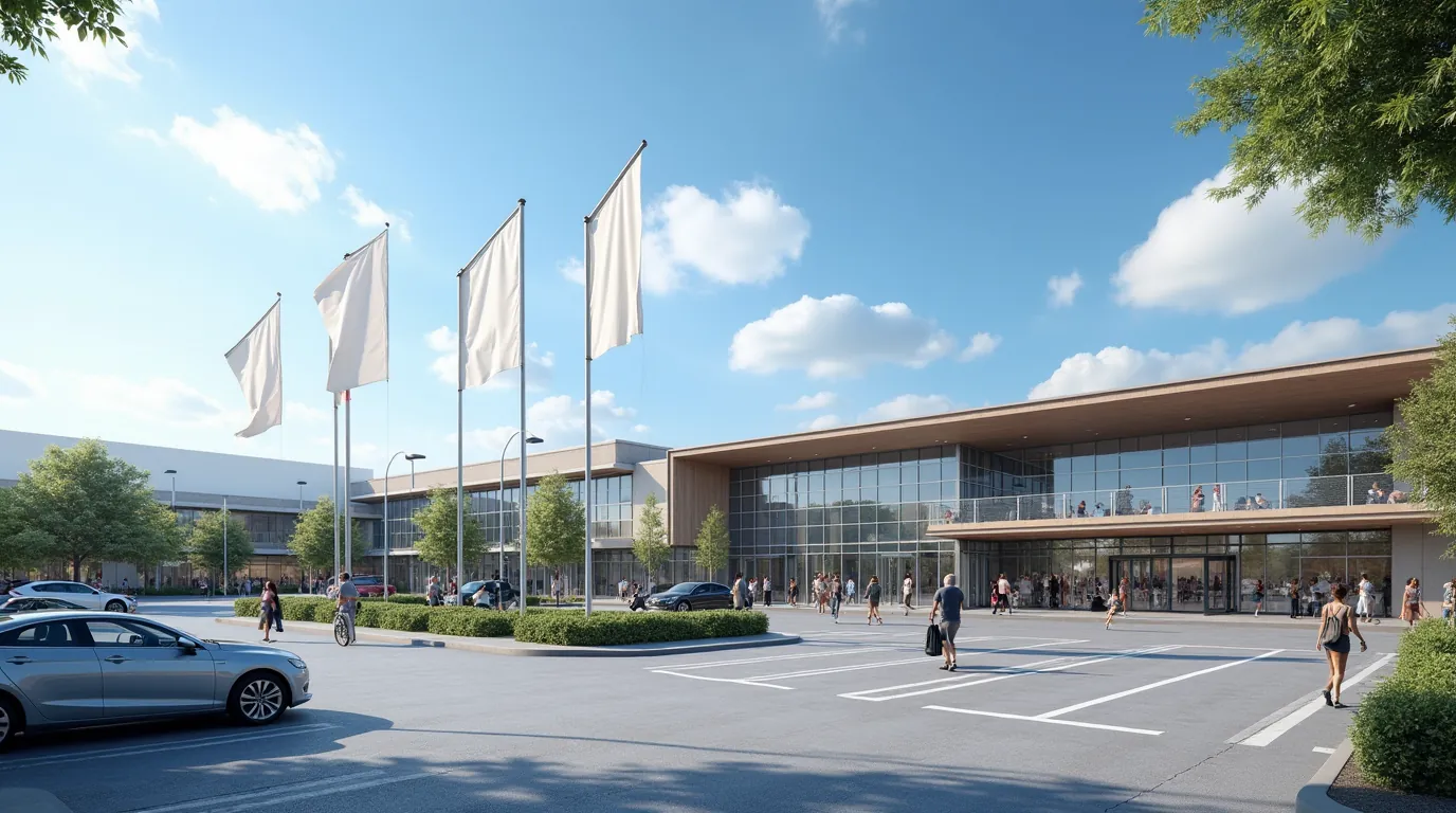 Ilustracja: centrum handlowe z parkingiem i flagami przed wejściem