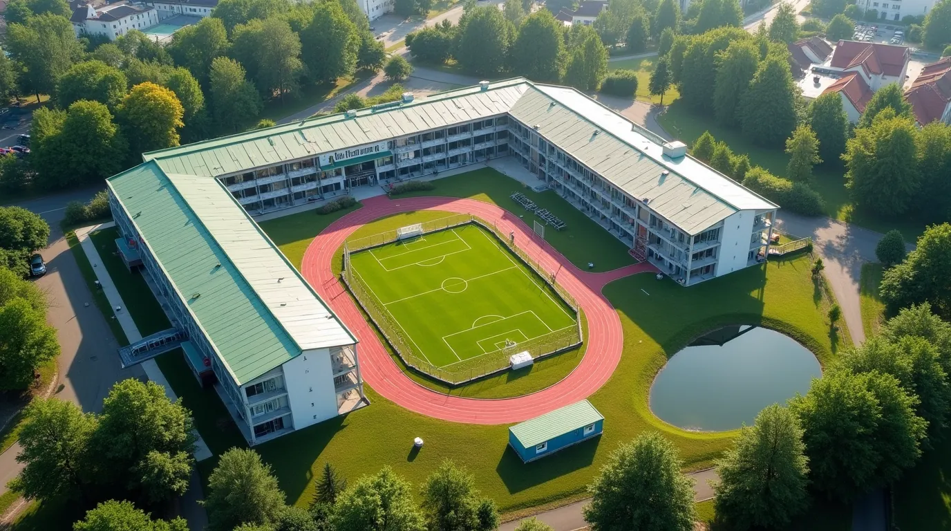 Ilustracja: szkoła z boiskiem i bieżnią wśród zieleni, widok z lotu ptaka